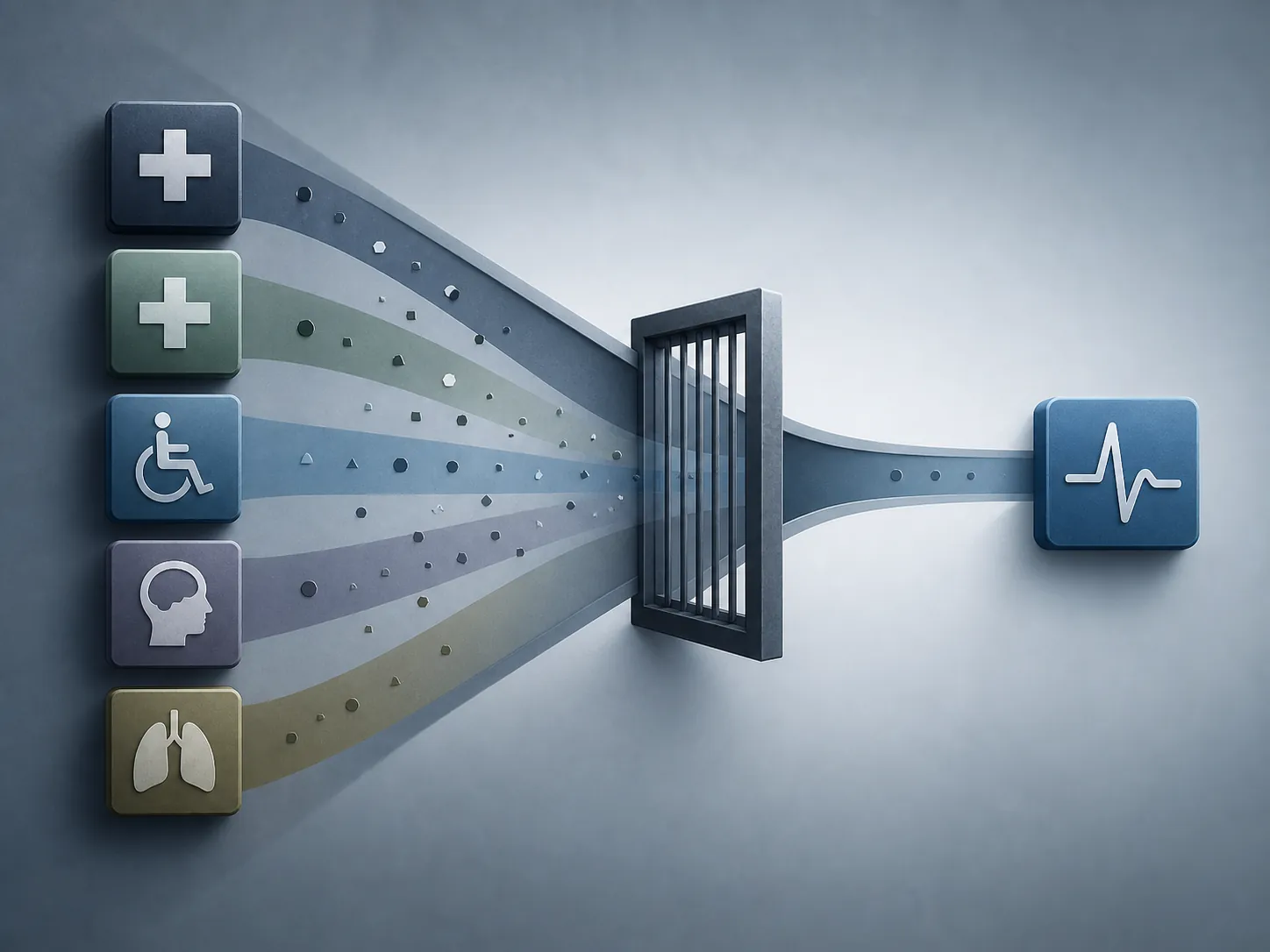 Five abstract statutory-category icons narrowing through a filter into a single impairment-standard icon