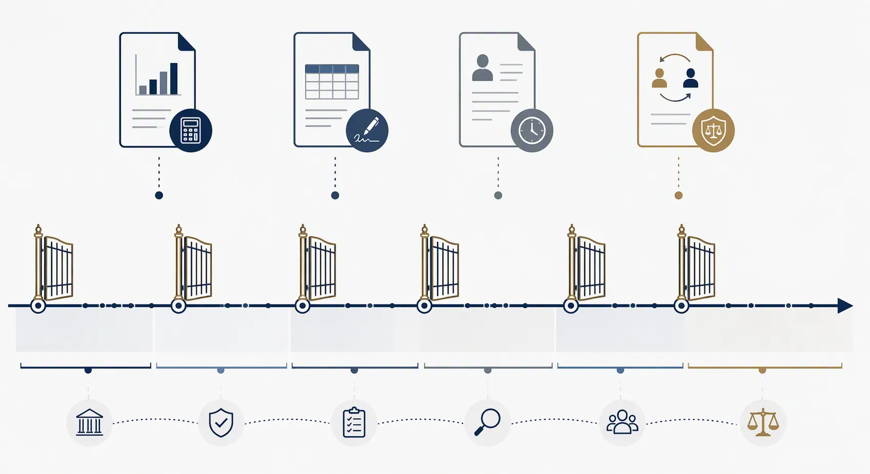 Timeline with six staggered gate icons and regulatory document checkpoints above the line