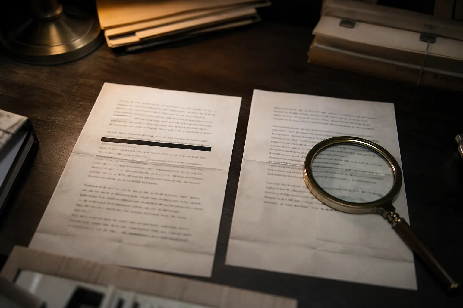 Two typewritten ransom-note documents on an evidence-room desk, one with a single black redaction bar