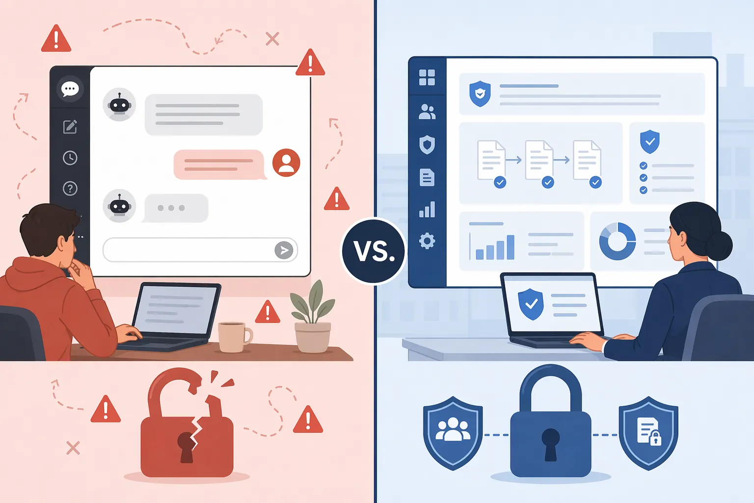 A split illustration comparing consumer AI risk with enterprise AI protections