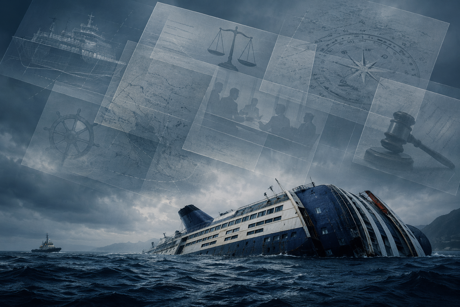 Passenger ferry partially capsized beneath layered maritime legal documents