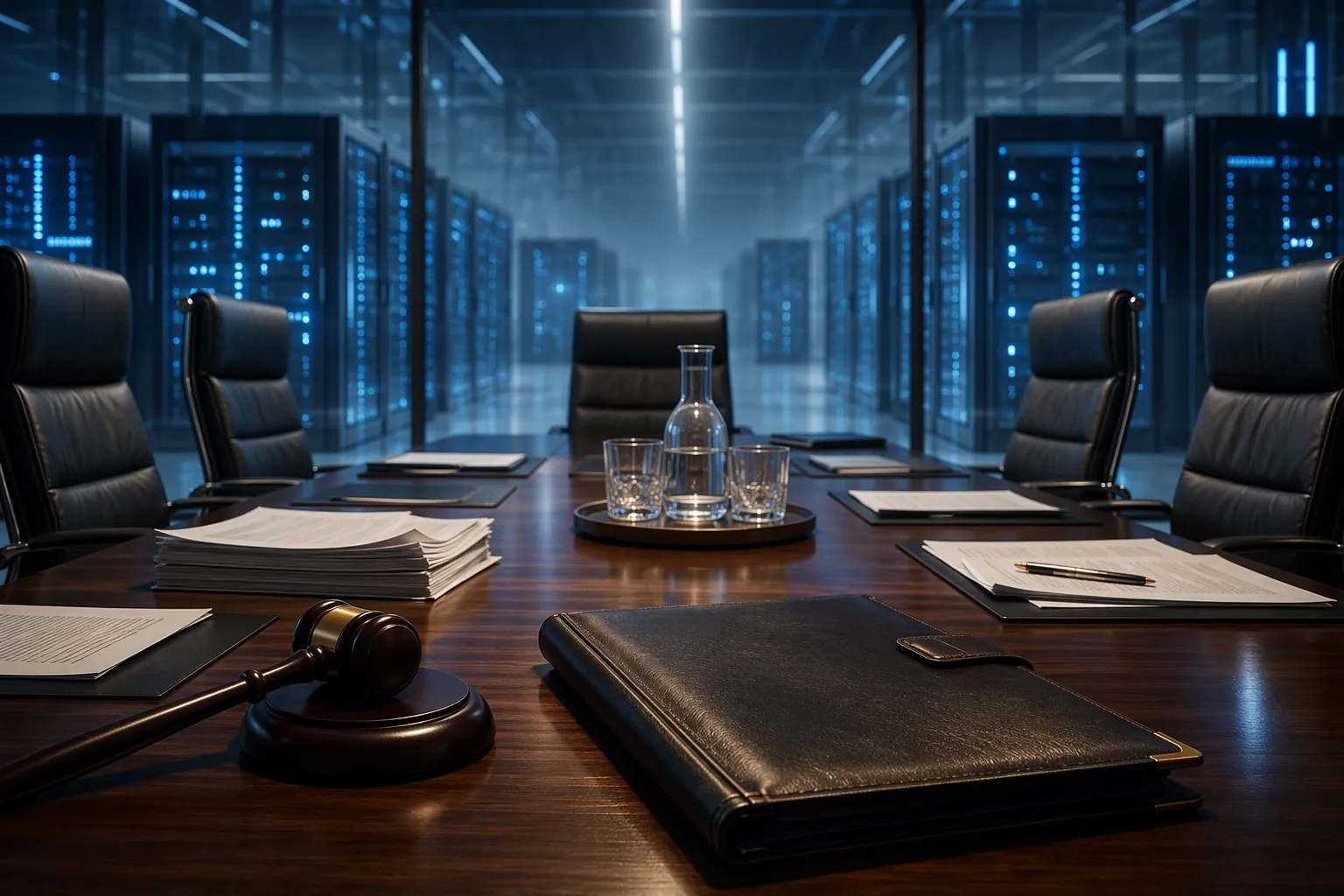 Boardroom table with legal documents and risk oversight folder in front of AI server racks