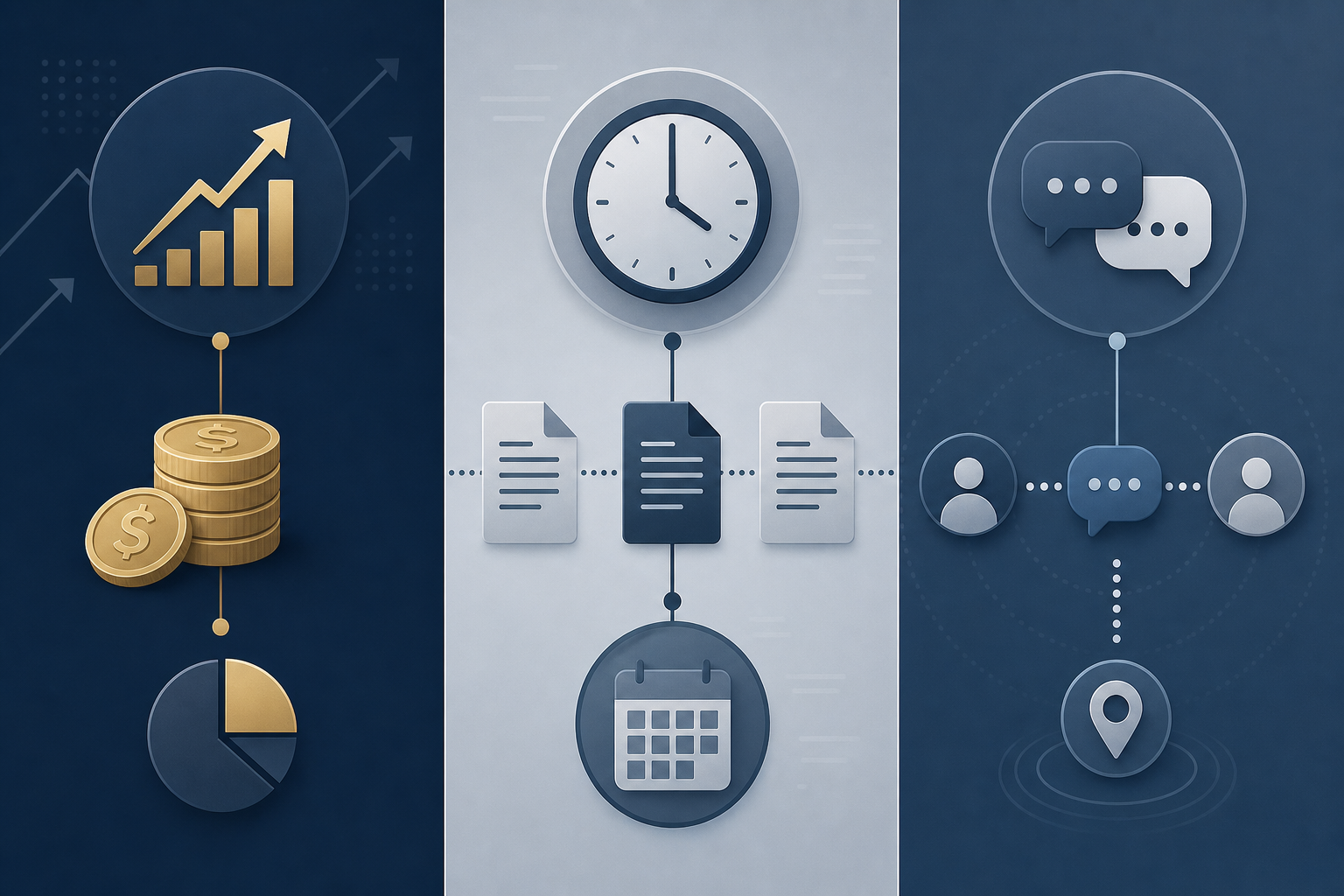 Infographic lanes for financial gain, investigation timeline, and text-message evidence