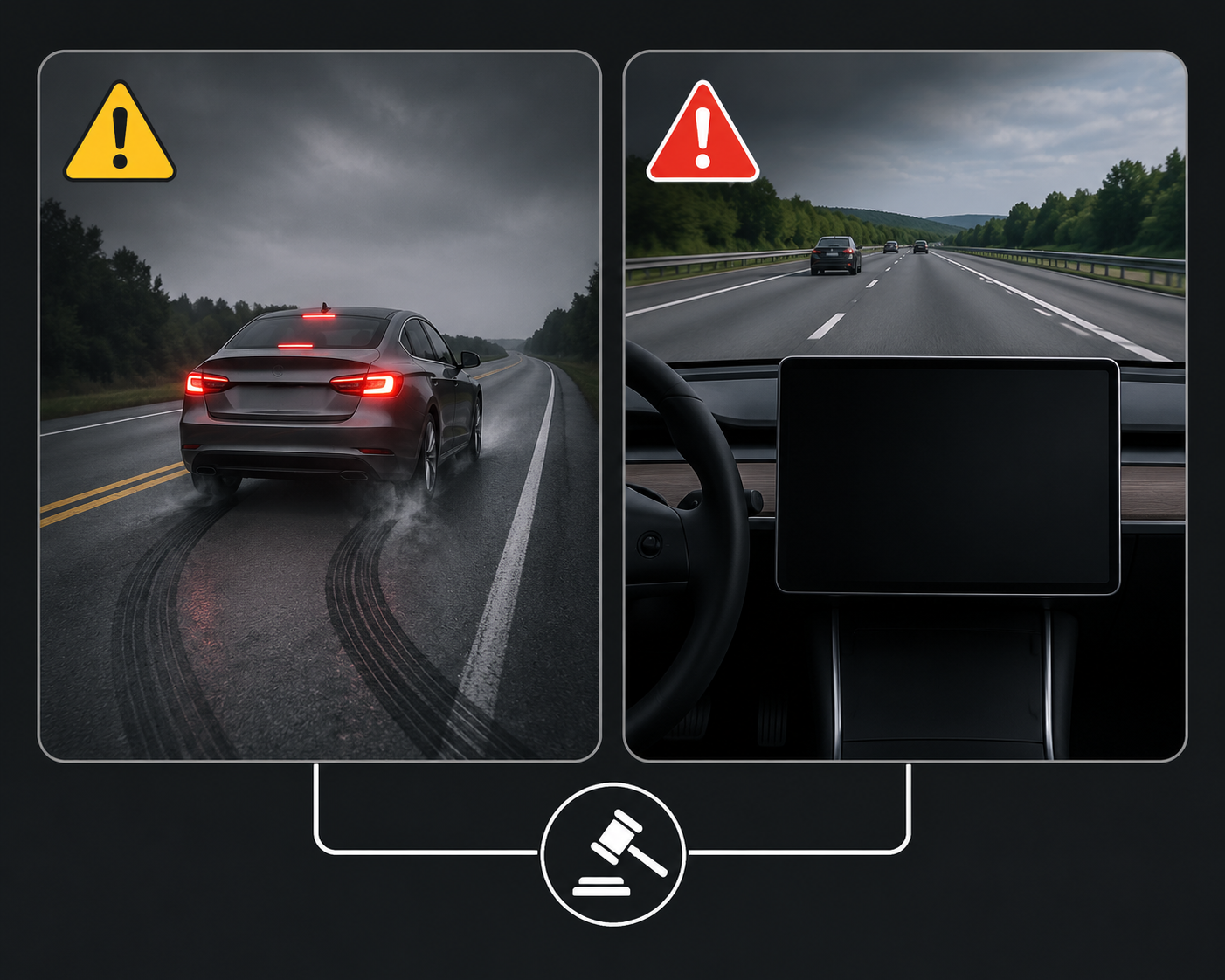 Side-by-side illustration of sudden braking and a dark vehicle dashboard connected to legal liability