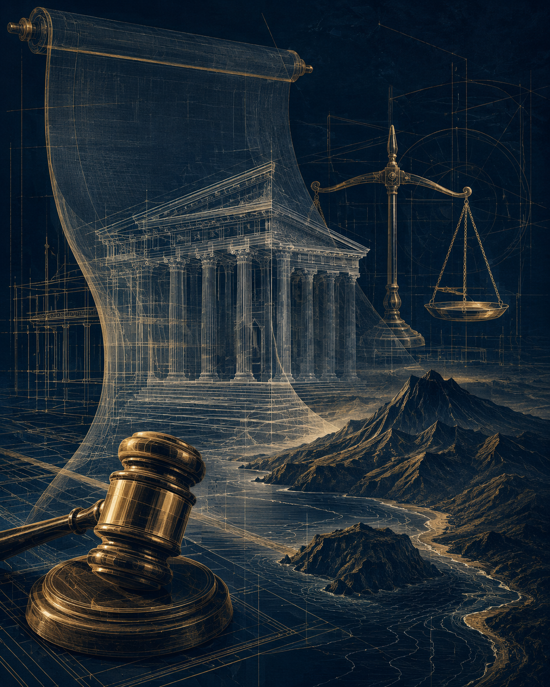 Architectural blueprint lines, legal documents, a gavel, and island landscape forms suggesting the construction of a judicial doctrine