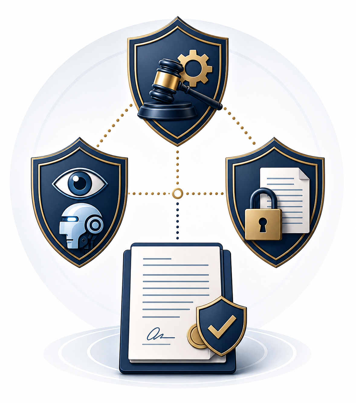 Three connected shields representing technology competence, AI supervision, and confidentiality