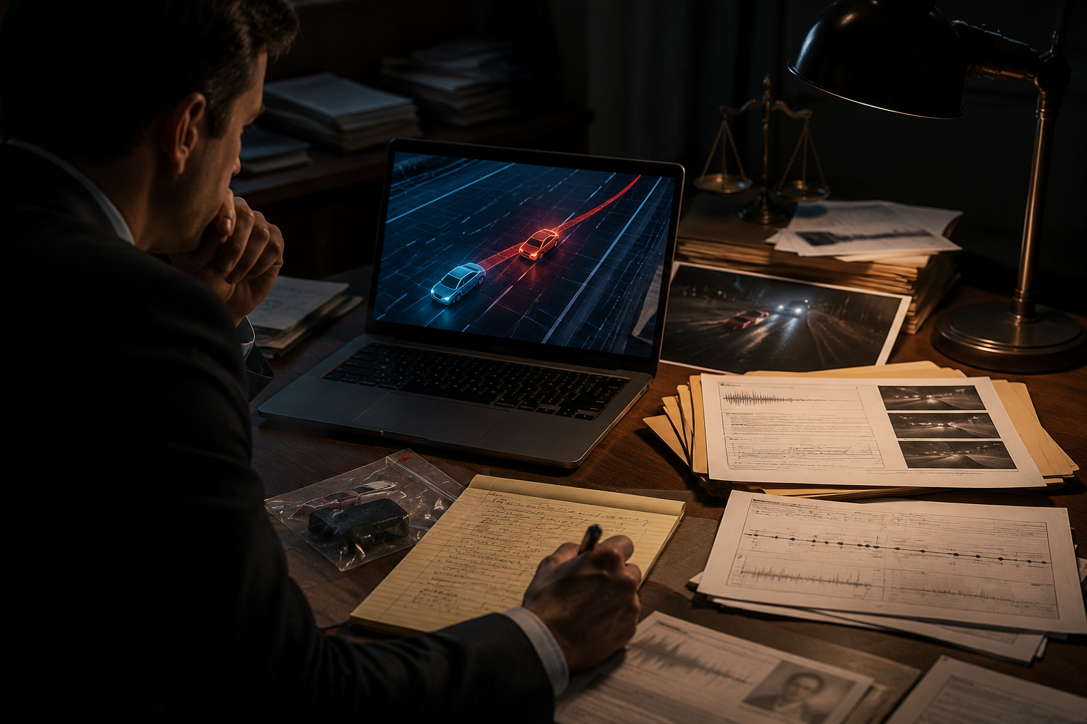 Defense attorney reviewing a digital crash reconstruction, EDR sheets, bodycam transcript, and GPS timeline late at night