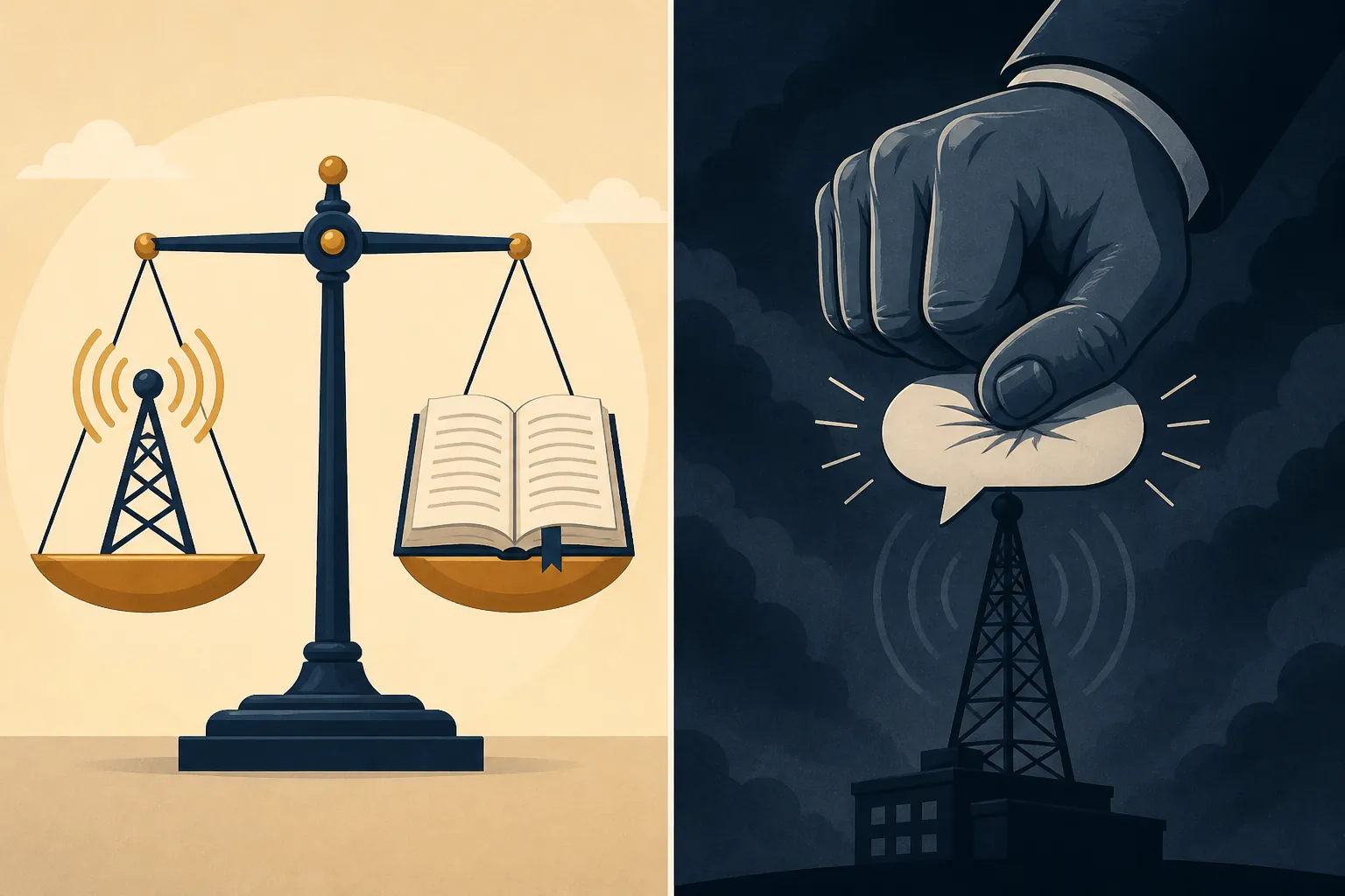 Split illustration comparing even-handed broadcast rule enforcement with coercive pressure on a speech bubble and television tower