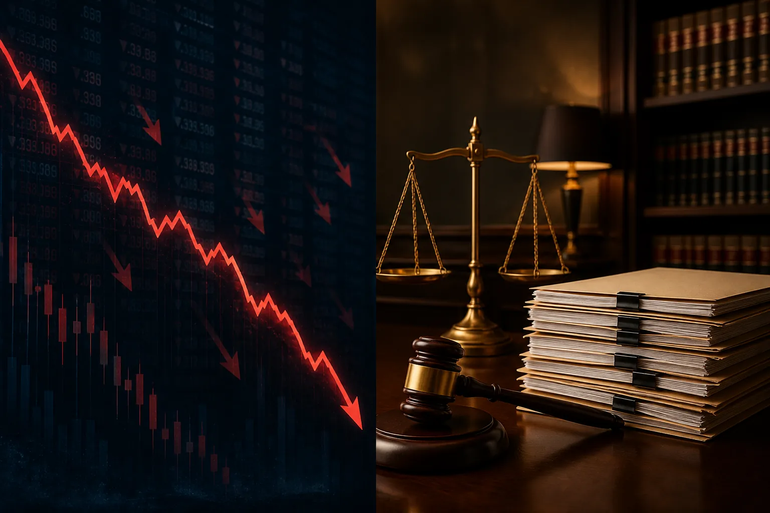 Split illustration contrasting a falling financial line with scales of justice and legal documents