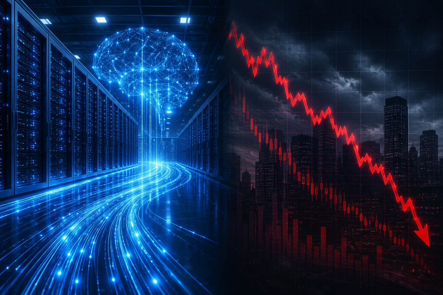 AI data center infrastructure contrasted with a falling stock chart
