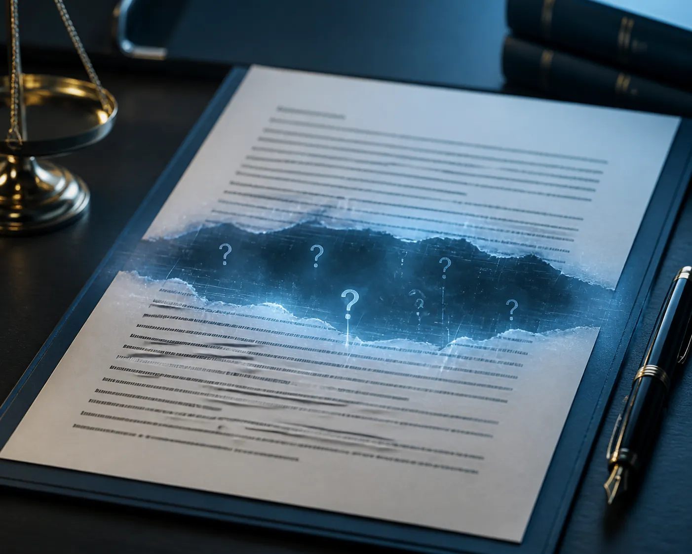 Legal document with a glowing blind spot and digital artifacts obscuring the text
