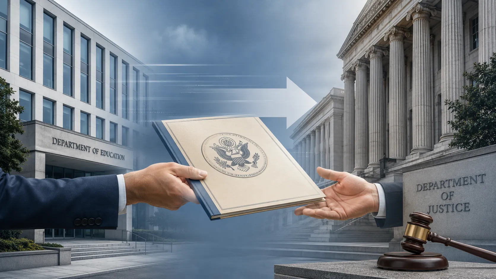 Department of Education and Department of Justice buildings with an official enforcement document being transferred toward a gavel
