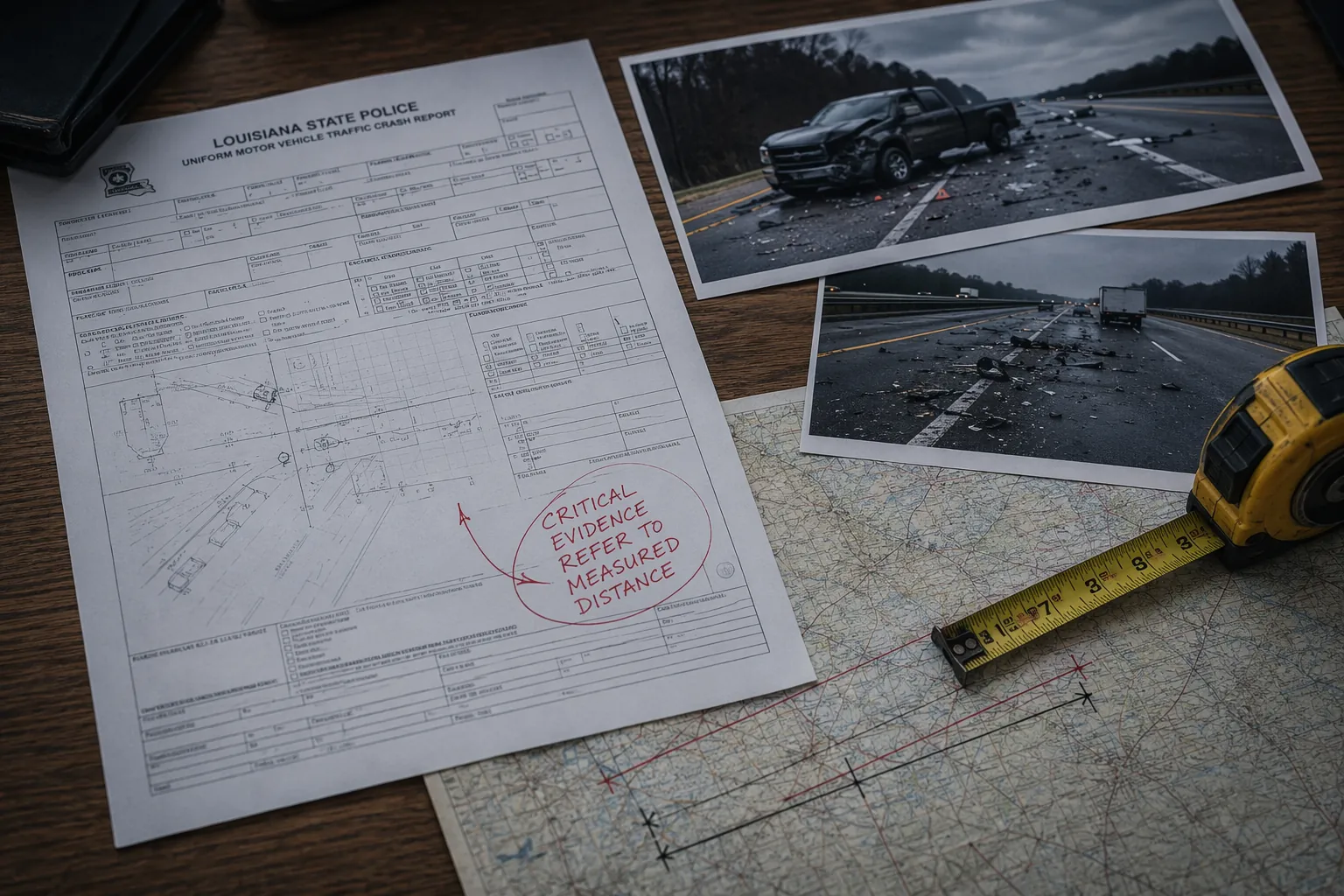Louisiana State Police crash report document with evidence photographs, a road map, measured distance markings, and a yellow measuring tape