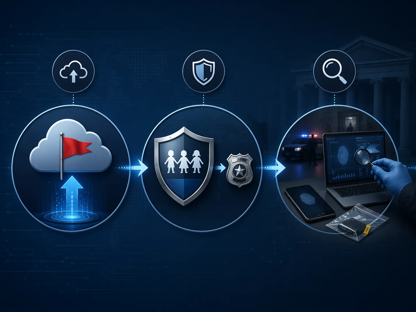 Three-step workflow showing cloud upload flag, NCMEC law-enforcement transition, and forensic device examination