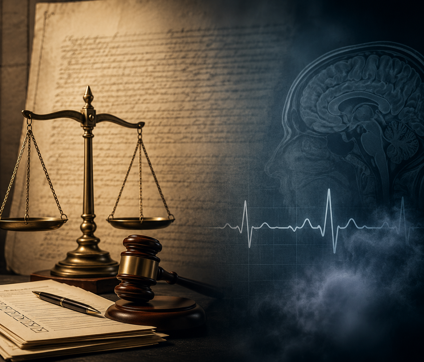 Legal scale and gavel beside abstract medical signals over a blurred constitutional document