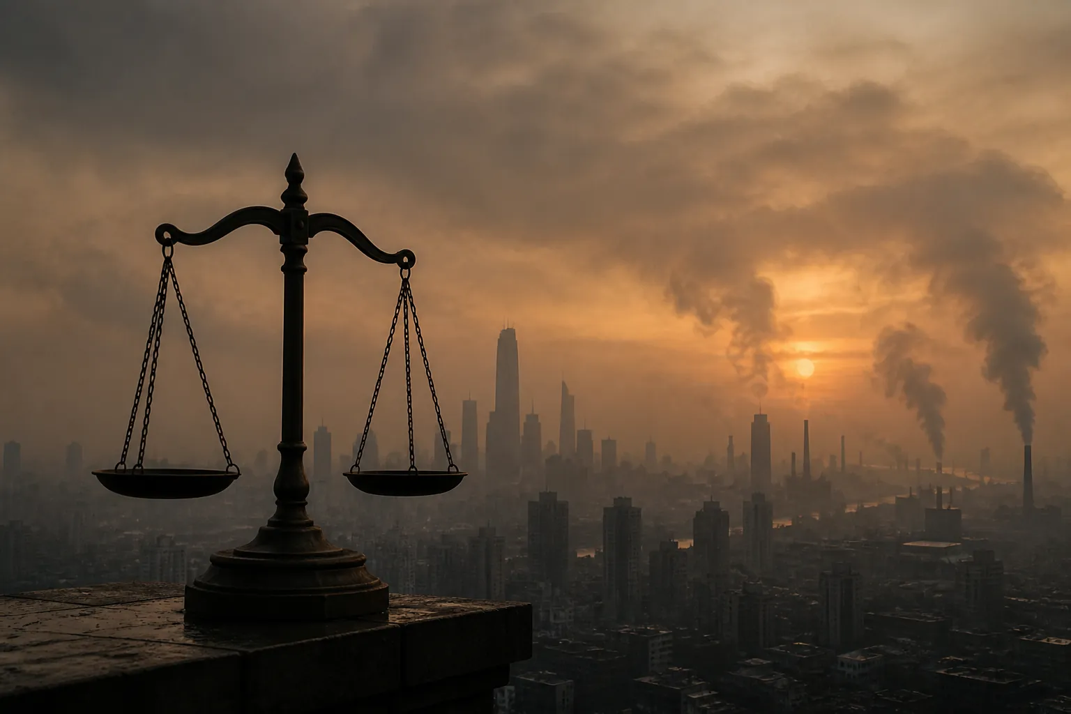 Smog-shrouded city skyline with scales of justice in the foreground