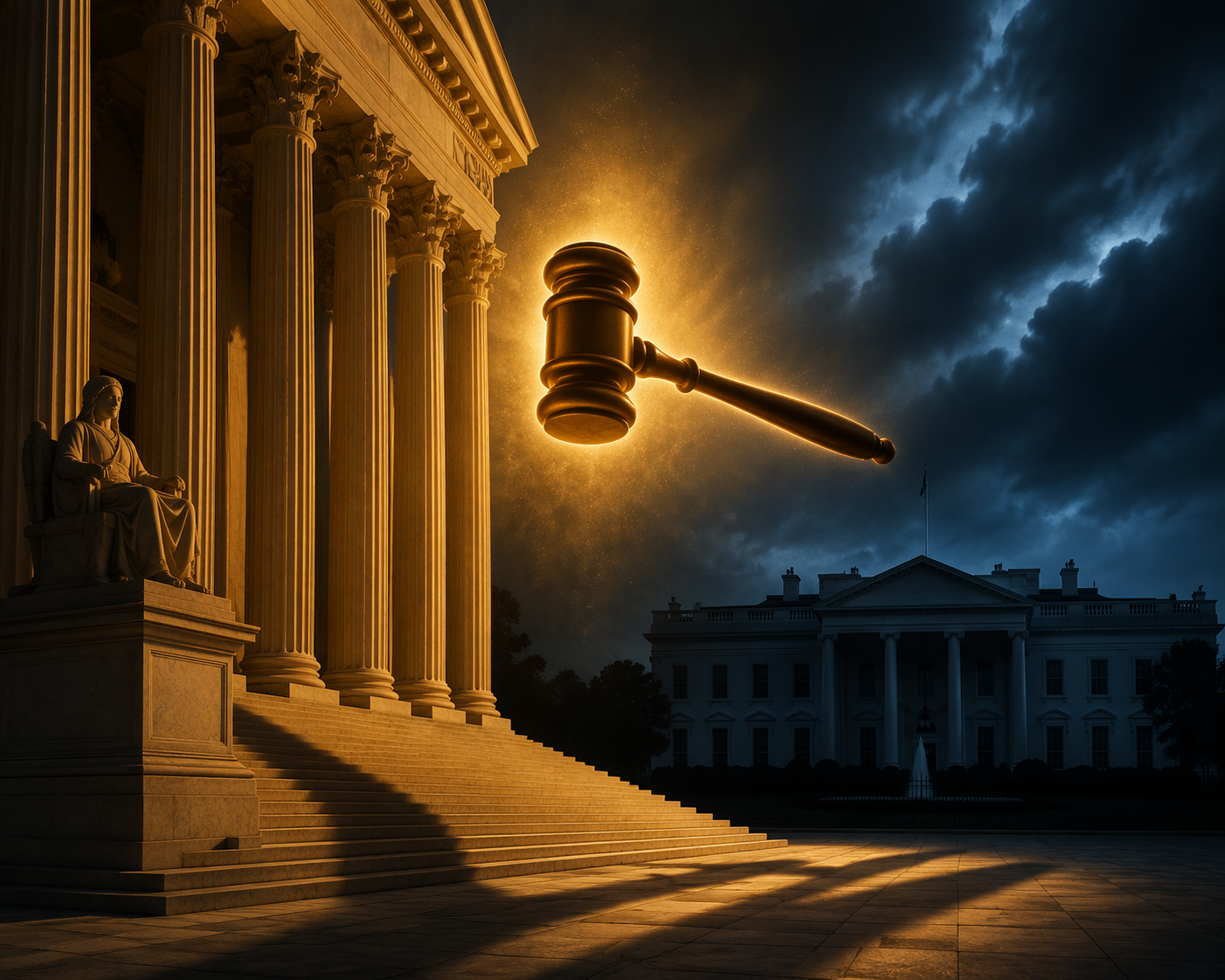 Federal courthouse and White House in a separation-of-powers standoff