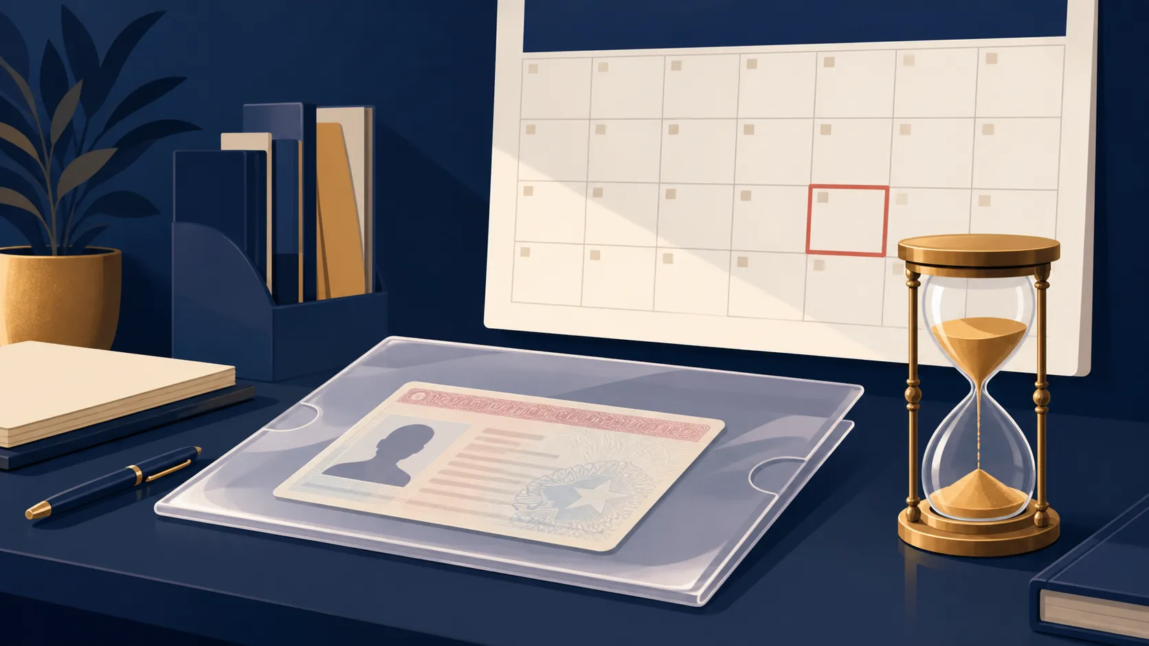 Work authorization document in a clear folder beside a highlighted calendar window and hourglass