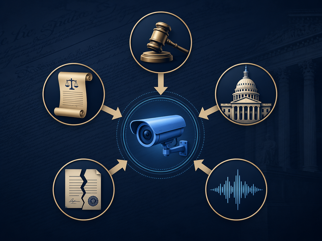 Infographic showing five legal threat vectors converging on a central surveillance camera