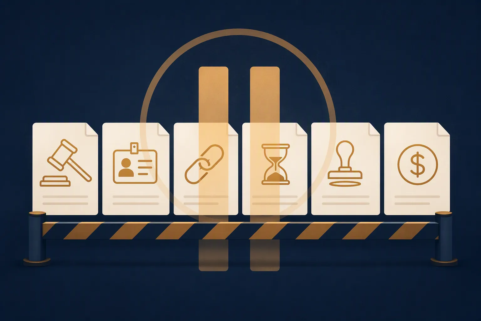 Six grant rule provision cards overlaid with a pause symbol