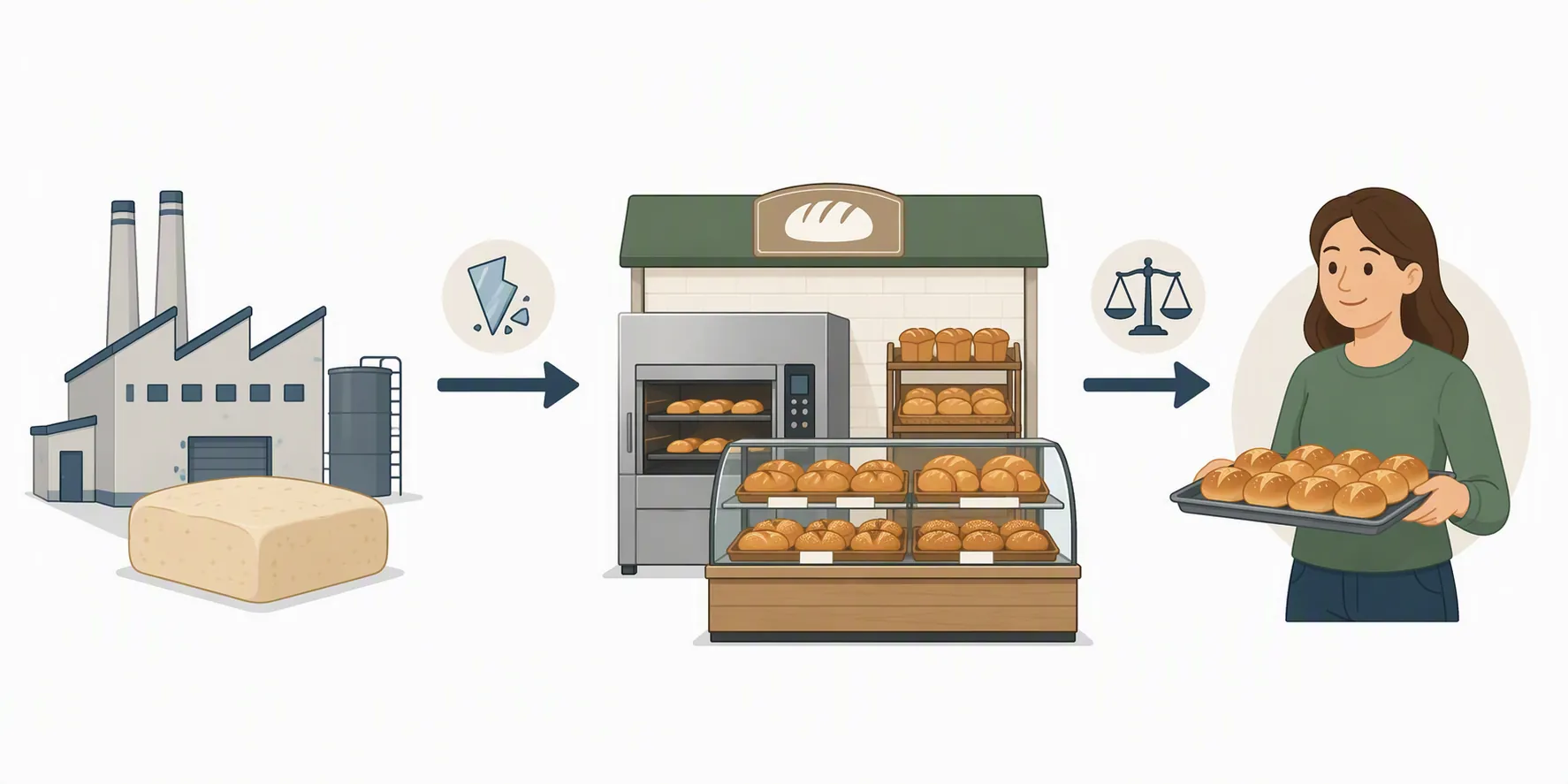 Diagram of factory dough moving to supermarket bakery oven and then to a consumer, with glass contamination and legal exposure icons