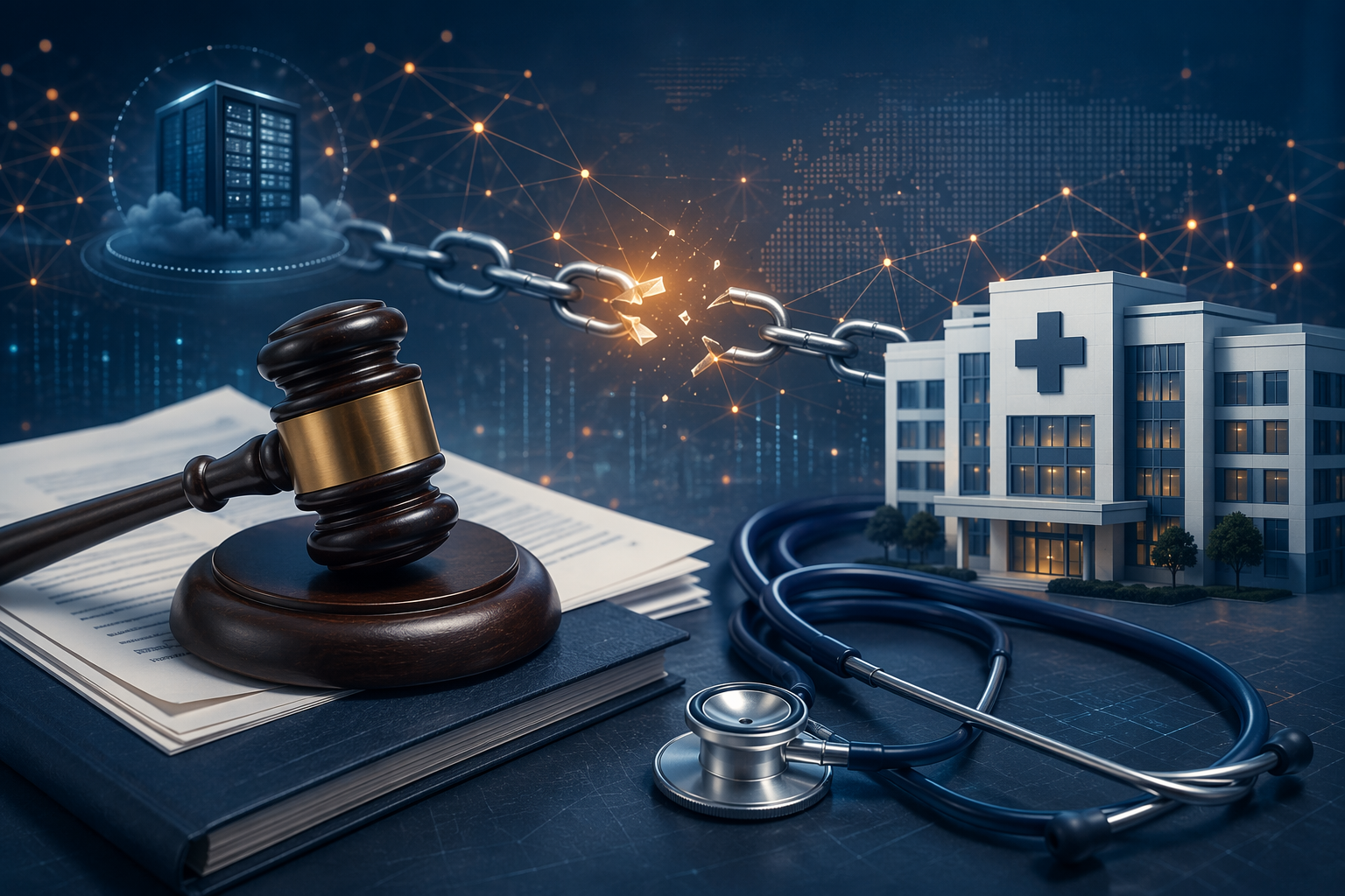 Legal documents beside a stethoscope and a hospital building icon with a glowing digital network and broken chain links