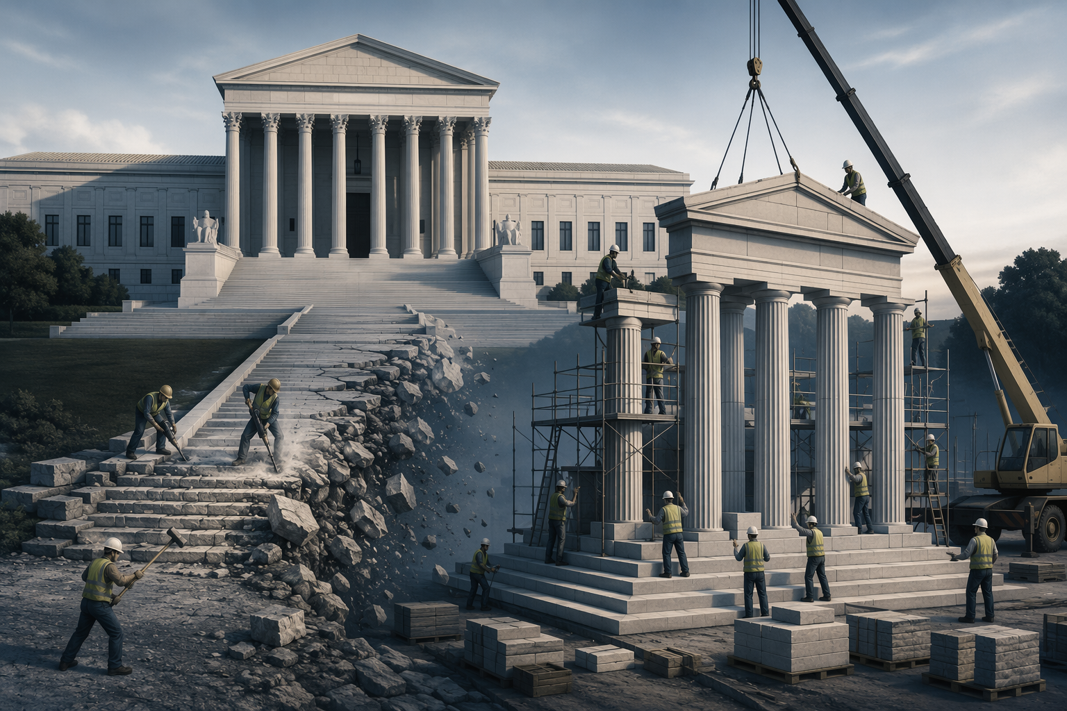 Courthouse behind rapid monument construction with a broken path to judicial review