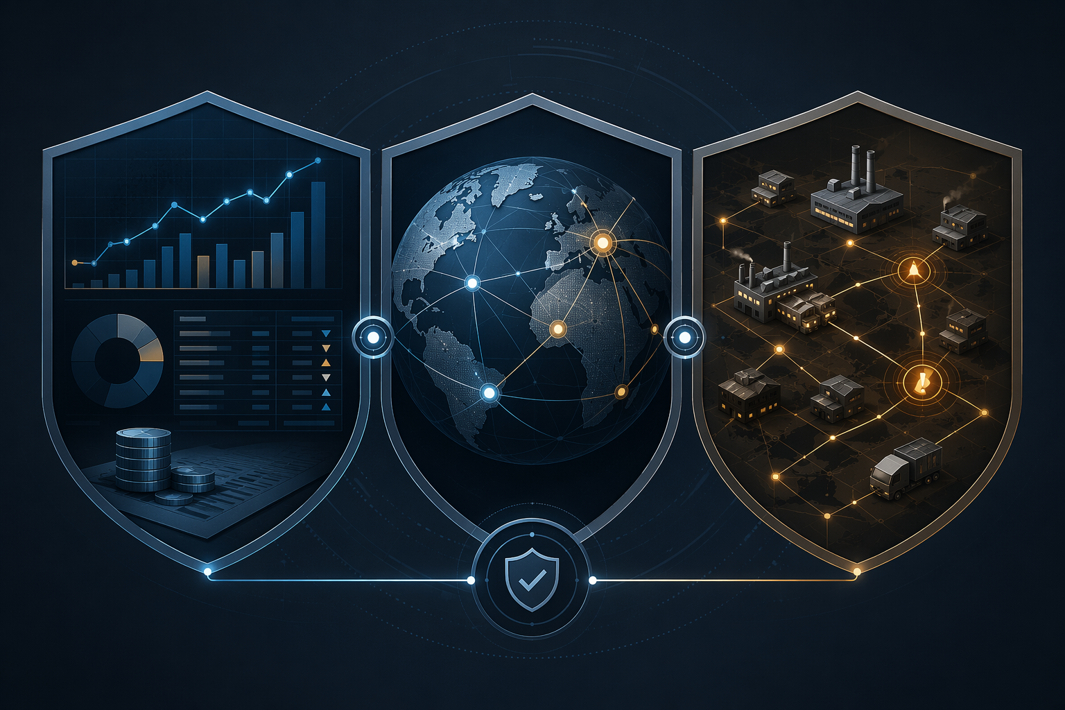 A three-part supplier risk assessment framework showing financial, ownership, and manufacturing risk.