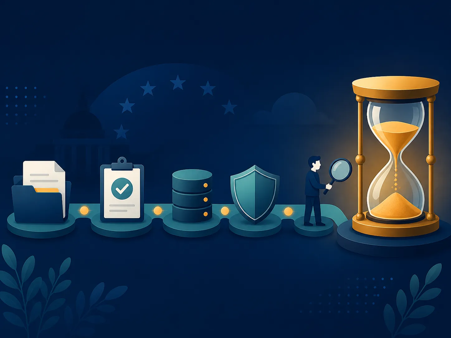 Compliance pipeline ending at an hourglass to show the high-risk AI deadline