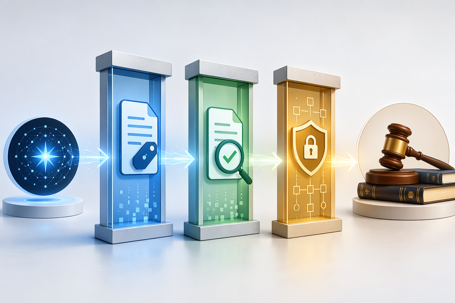 Editorial infographic showing three gateway pillars for classification, verification, and privilege-aware architecture between an AI icon and legal books with a gavel