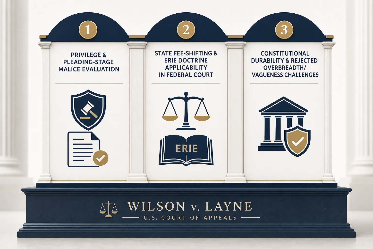 Three-pillar diagram of Judge Liman's Section 47.1 framework covering privilege and malice, Erie fee-shifting, and constitutional durability
