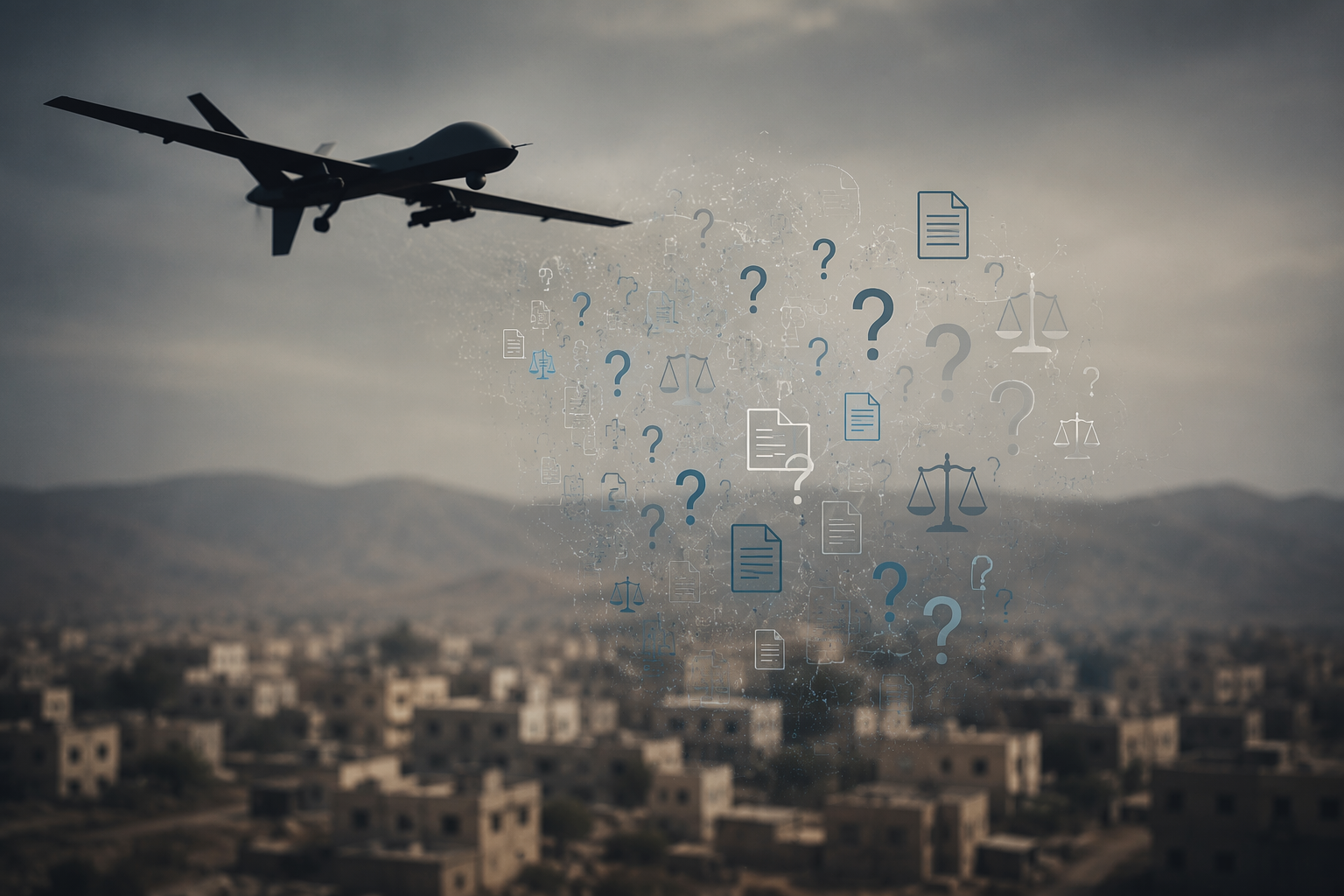 Military drone over a civilian urban area with legal symbols and question marks showing an accountability gap