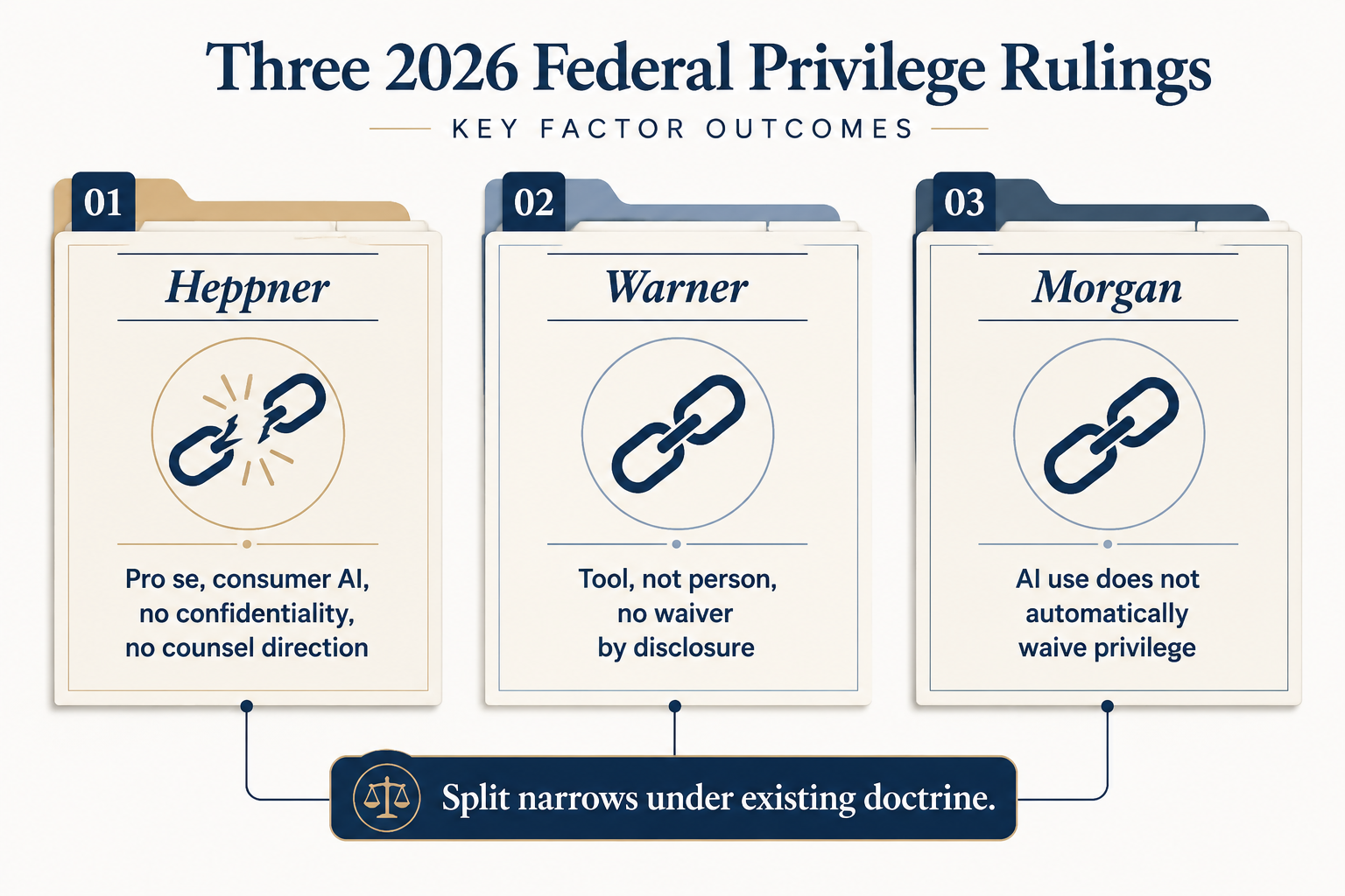 Three-panel comparison of Heppner, Warner, and Morgan privilege outcomes under existing doctrine