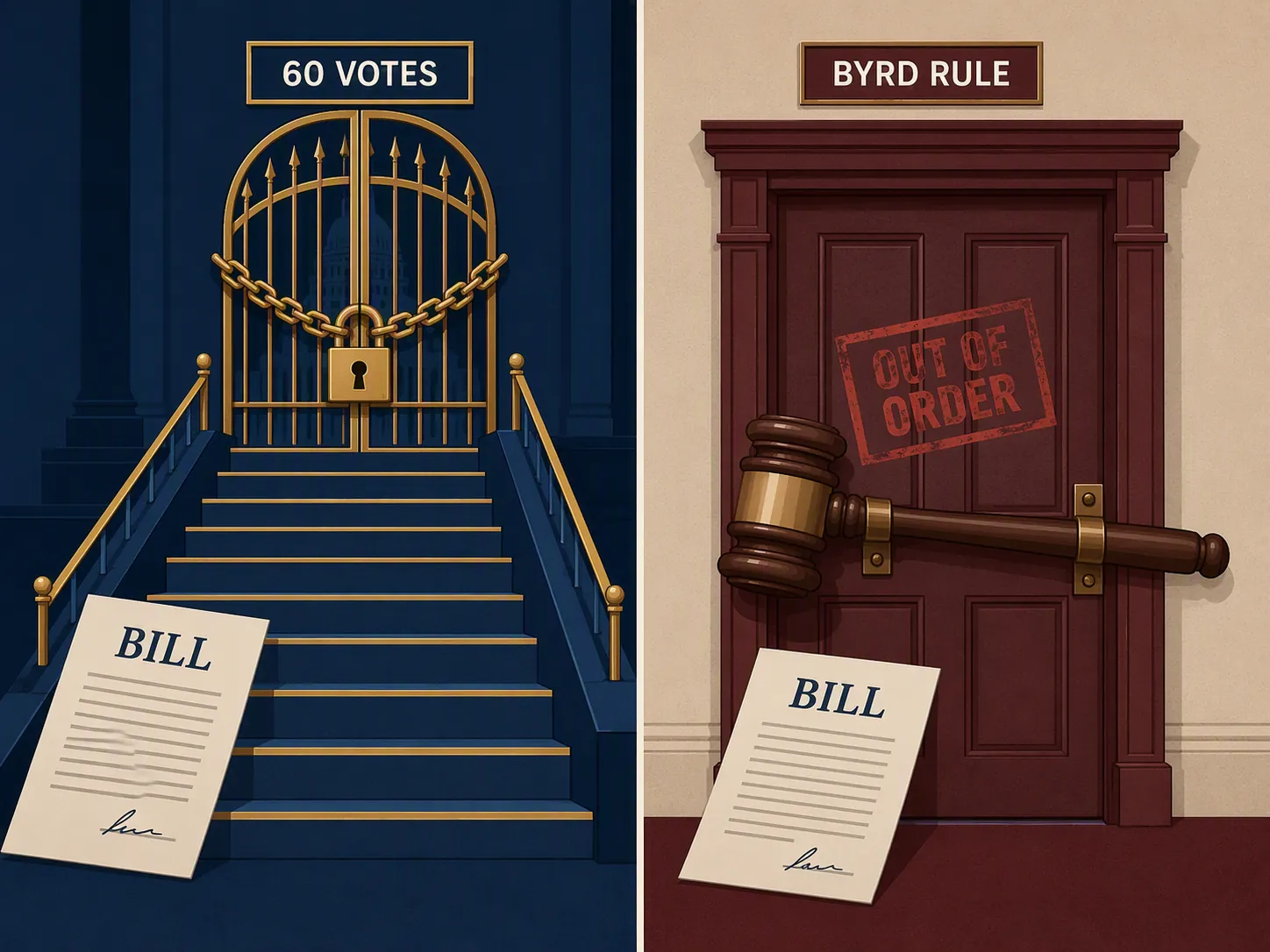 Diagram showing an NDAA route blocked by a 60-vote gate and a reconciliation route sealed by a Byrd Rule ruling