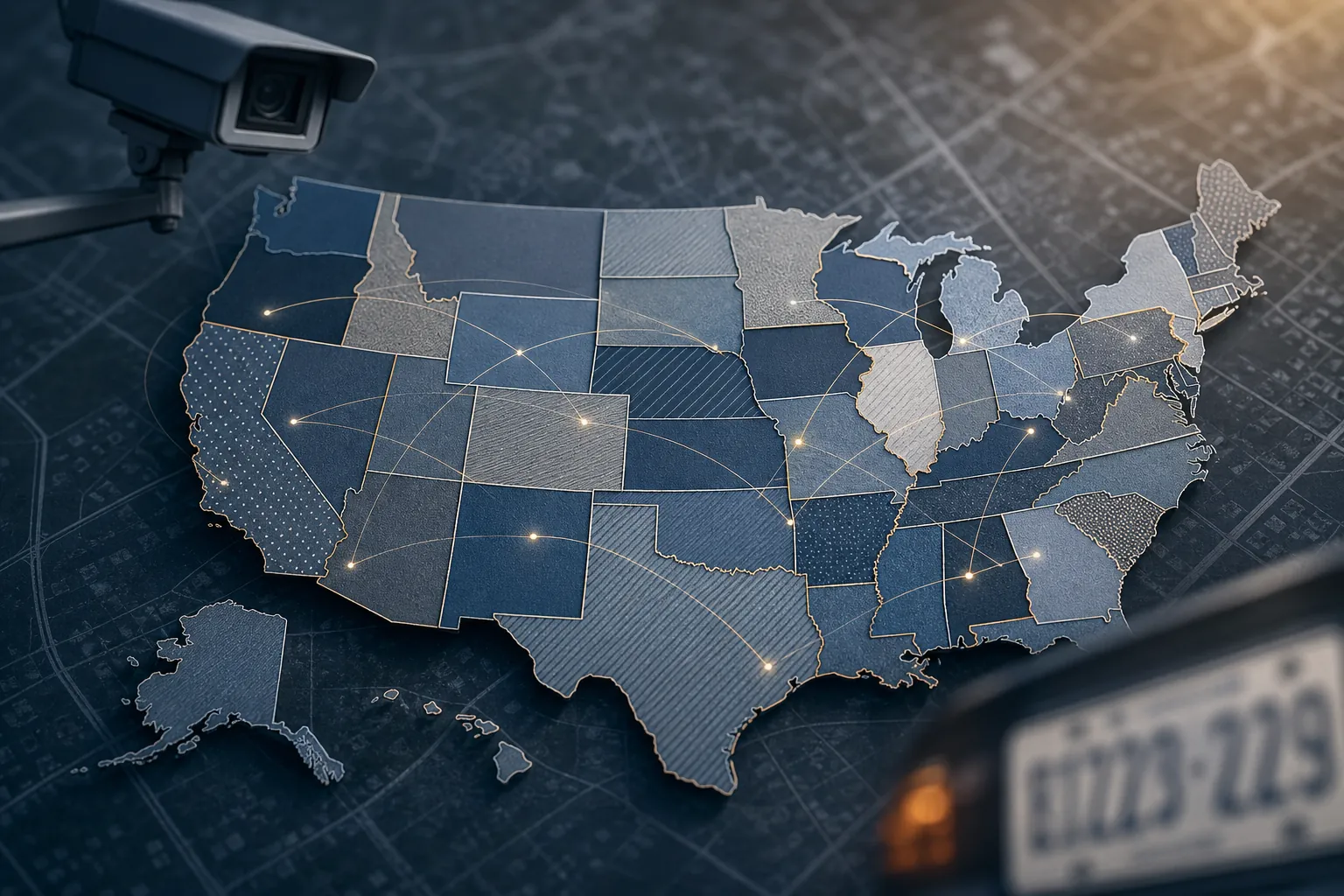 Patchwork map of U.S. states with a camera silhouette and blurred license plate, suggesting uneven state ALPR laws and interstate data sharing