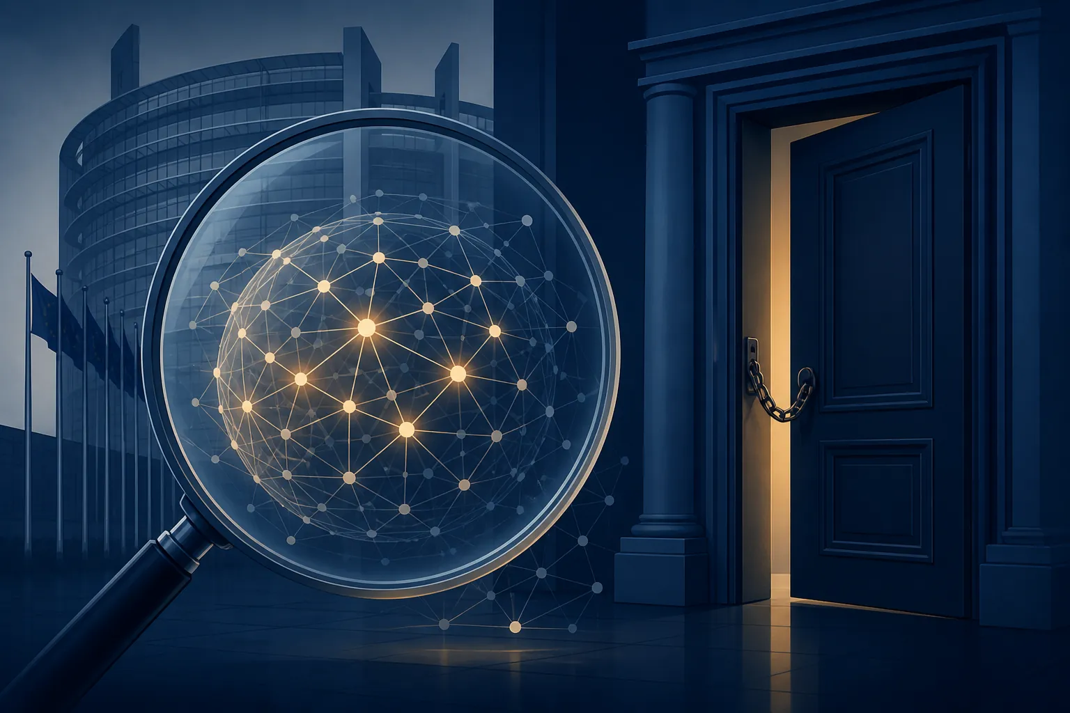 A glowing neural network sphere inspected by a magnifying glass in front of a European institutional building and a chained open door