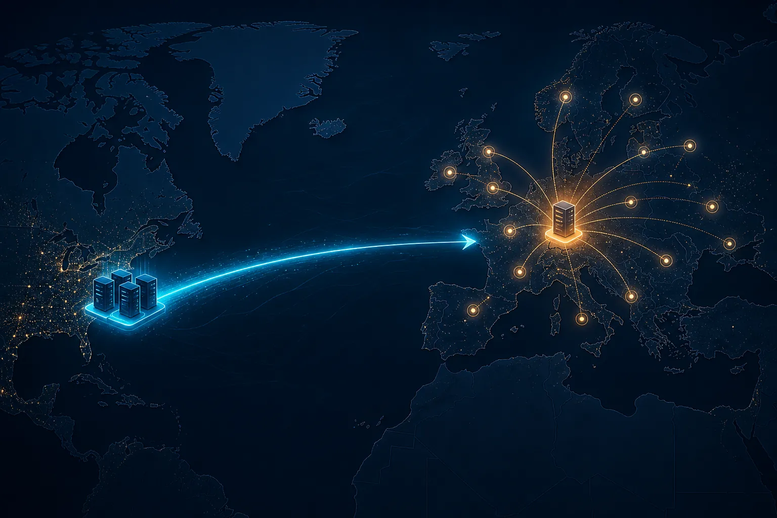 Illustration of a data path from US data-center nodes across the Atlantic to a German server node
