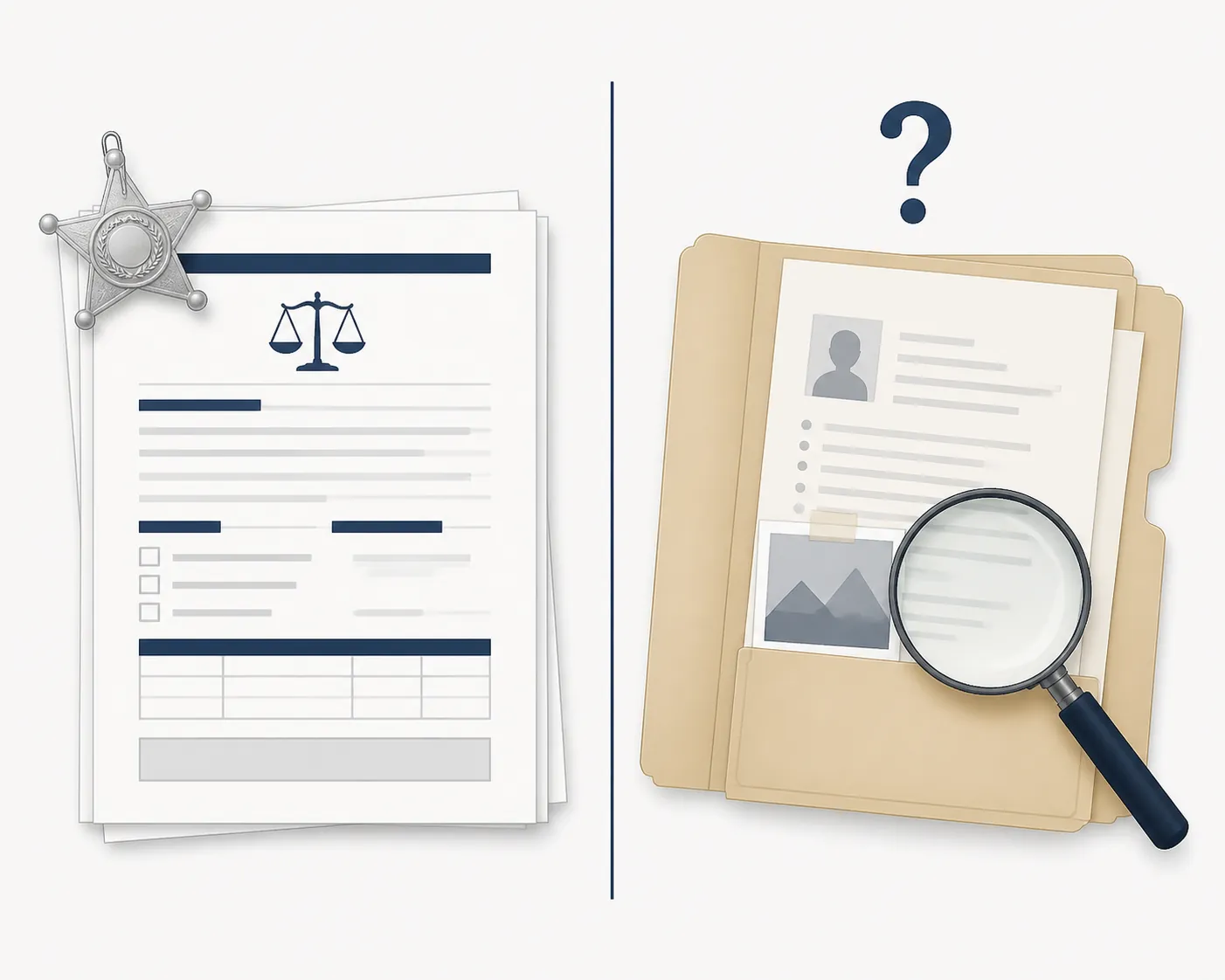 Split illustration separating a civil claim form from an open investigation folder
