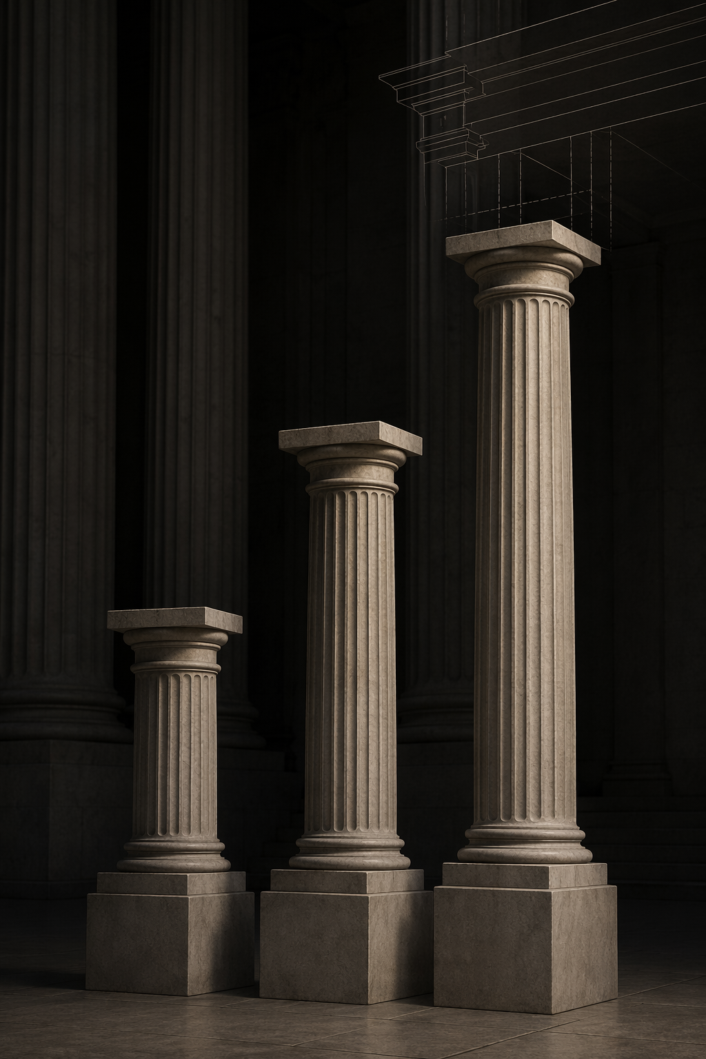 Three stone pillars symbolizing Timbs, Pung, and Jouppi in the development of forfeiture doctrine