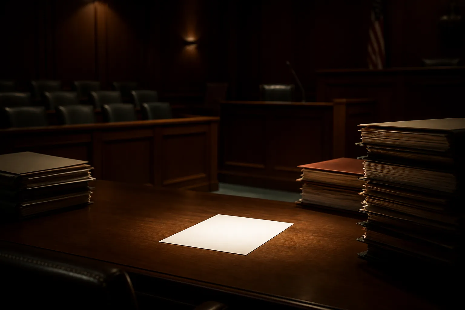 Dim modern courtroom with a blank legal document on the defense table and the jury box receding into shadow