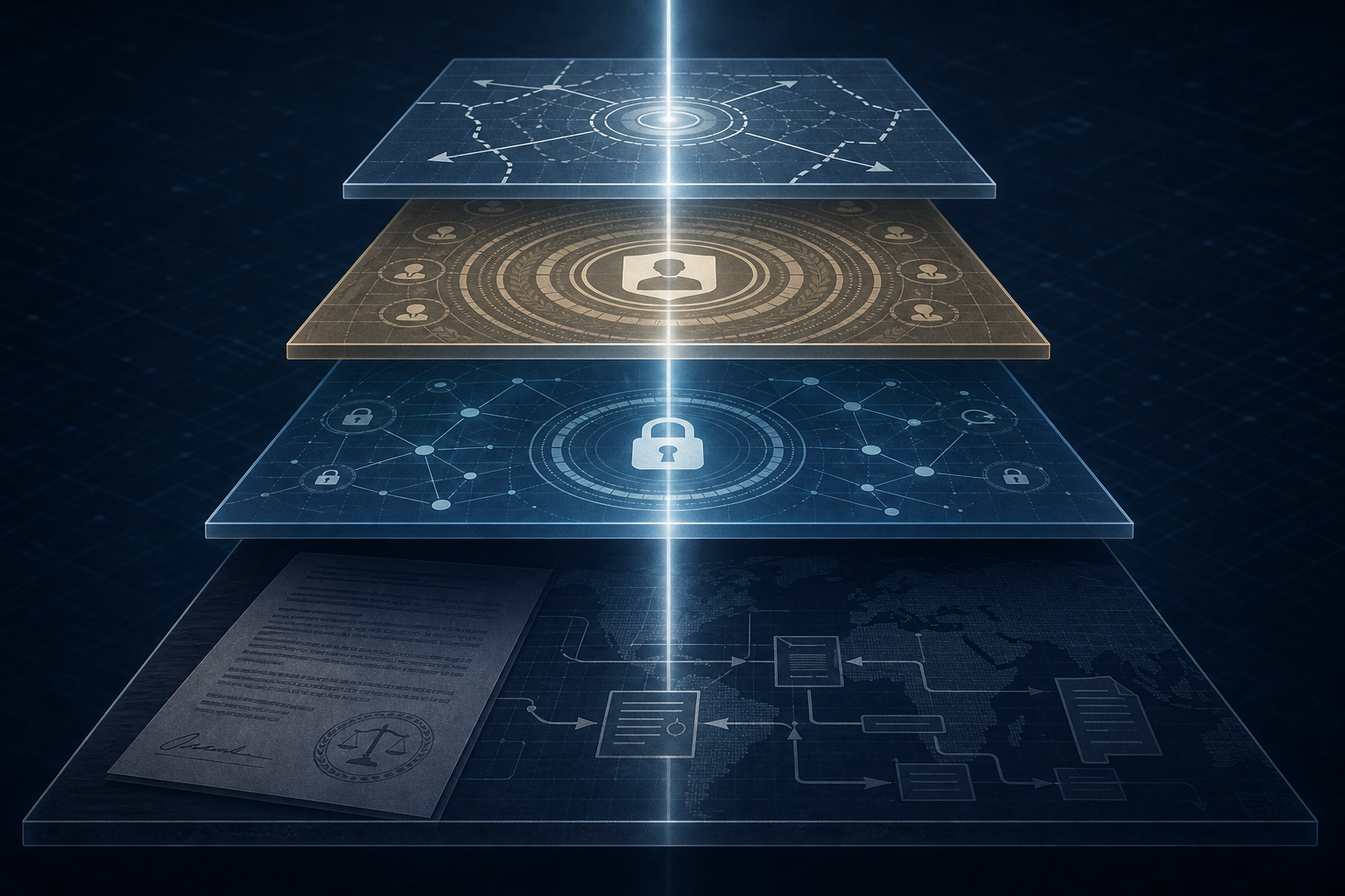 Stacked security layers crossed by one defense program obligation