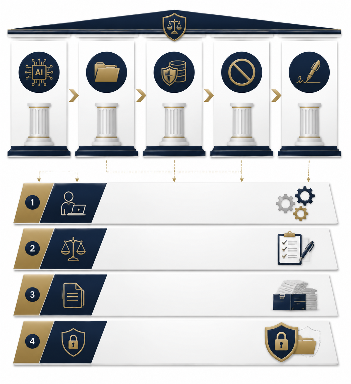 Diagram connecting named AI tools, work categories, data-handling architecture, carve-outs, and client signature to consent tiers