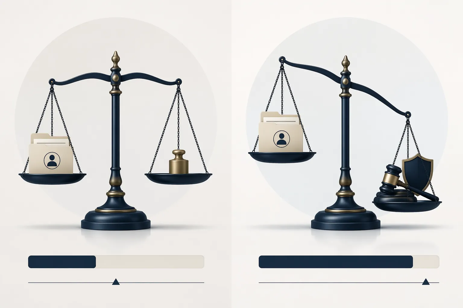 Side-by-side legal scales comparing administrative preponderance burden with a higher criminal intent burden