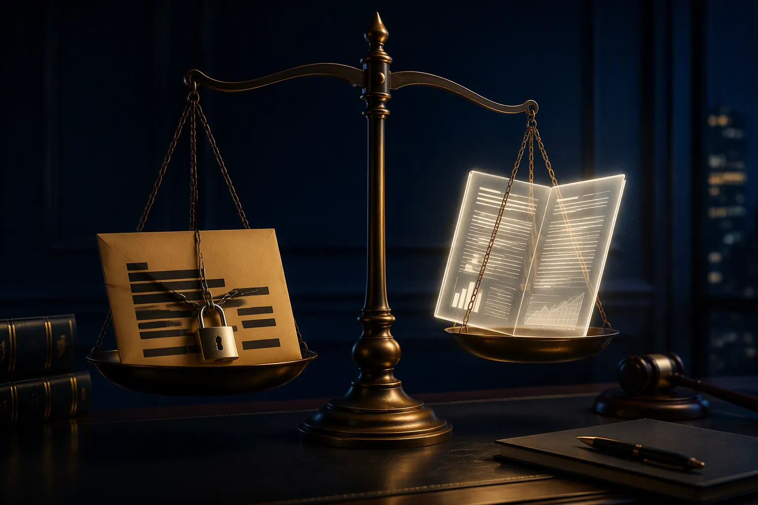 Justice scale weighing a sealed redacted envelope against an open transparent document