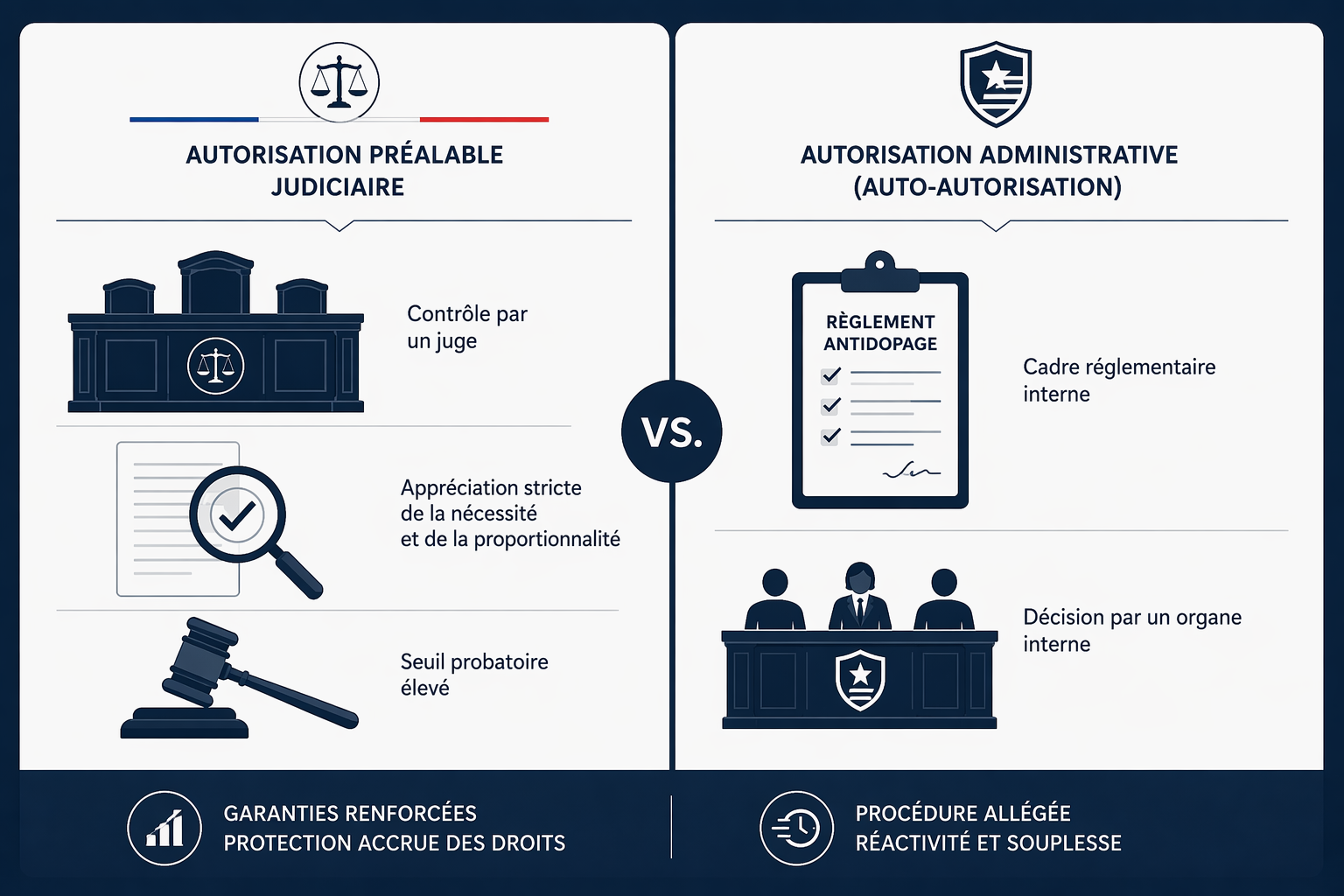 Two-column diagram comparing judicial pre-authorization with administrative anti-doping authorization