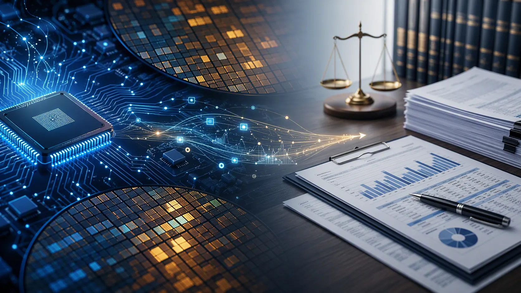 Semiconductor circuit-board patterns connected to law-firm documents and spreadsheets