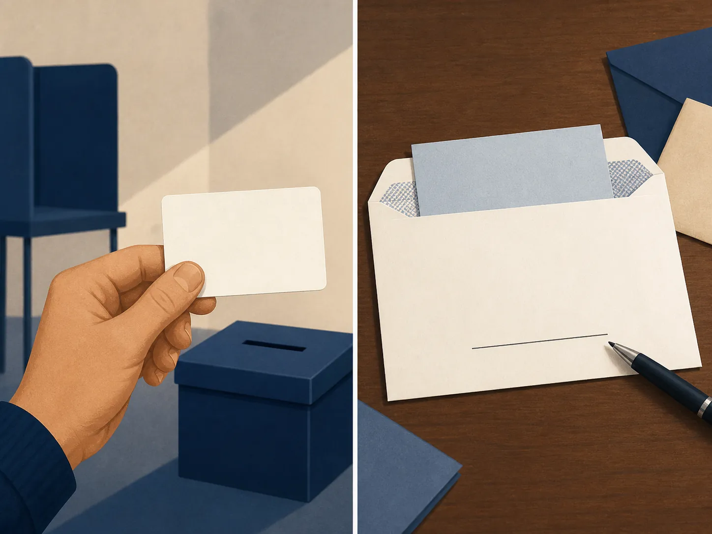A split image contrasting an in-person voter ID card with a mail ballot envelope and signature line