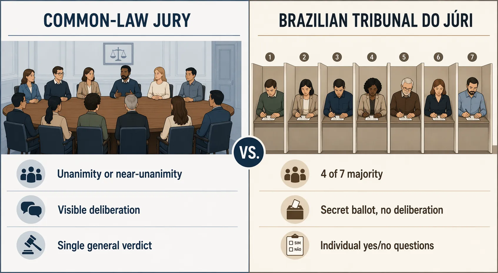 Infographic comparing a common-law jury with Brazil’s Tribunal do Júri