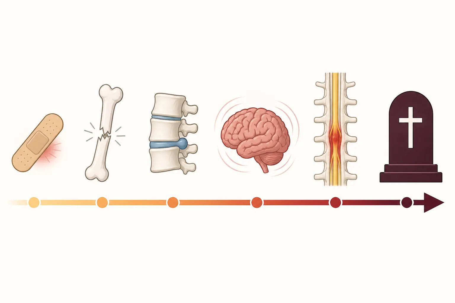 Medical severity icons progressing from soft-tissue injury to fracture, herniated disc, brain injury, spinal cord injury, and wrongful death