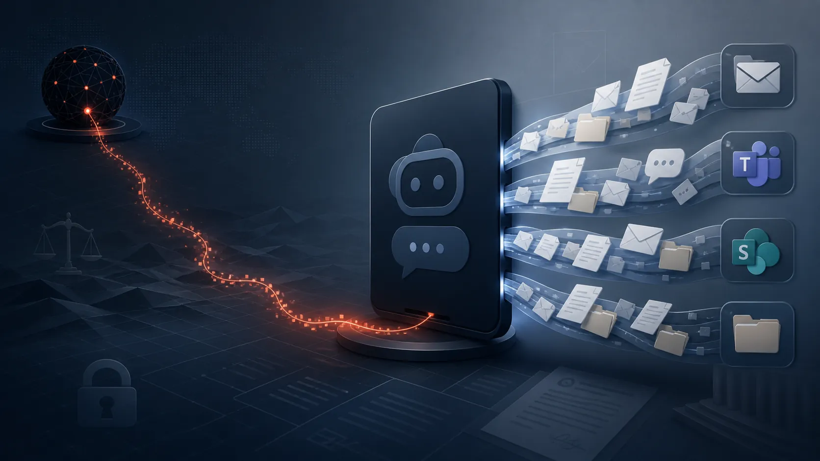 AI assistant panel drawing legal documents, emails, and chats while a hidden data stream exits toward a network node